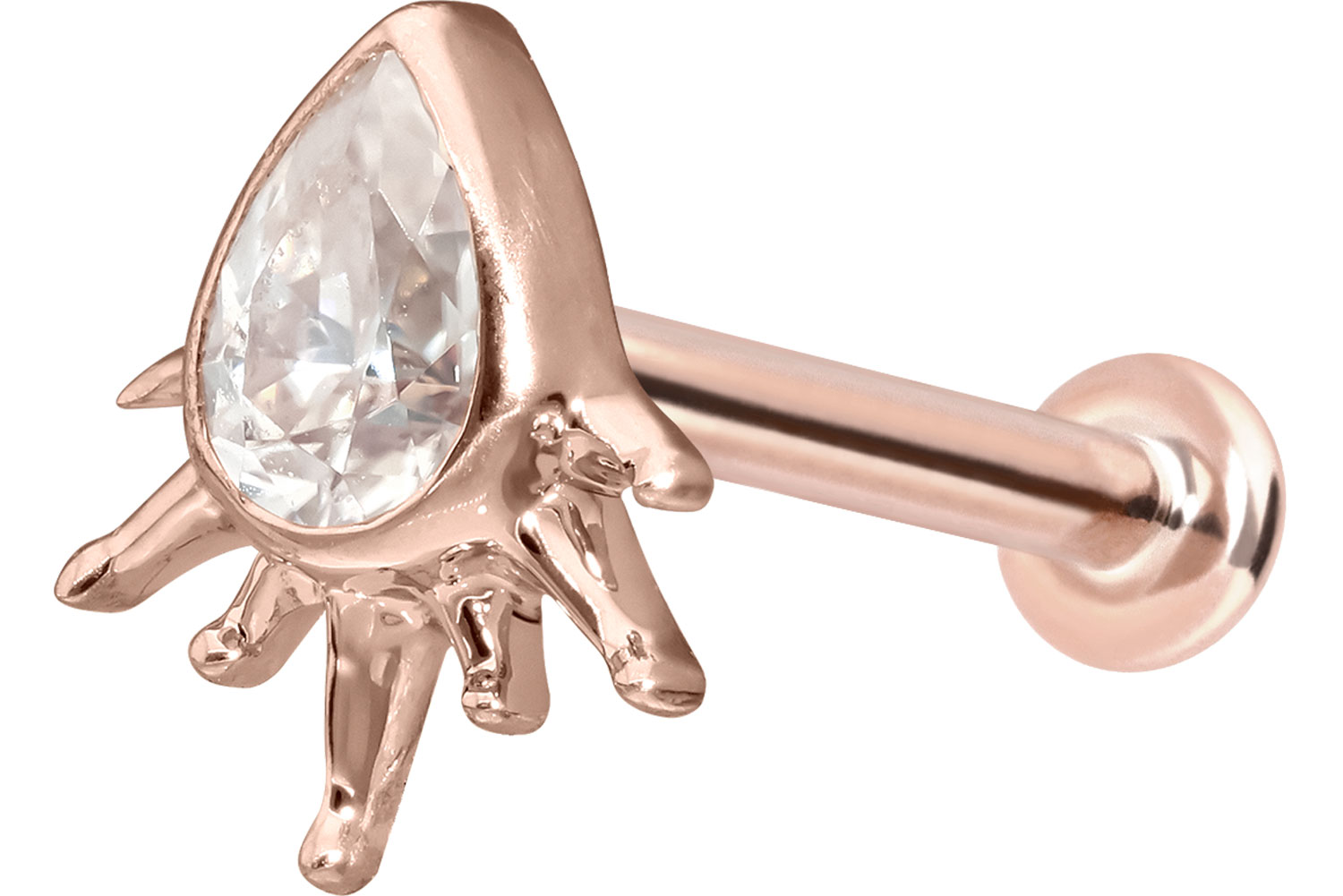 14 Karat Gold Labret Piercing mit Push Fit MOISSANIT-TROPFEN + SONNENSTRAHLEN